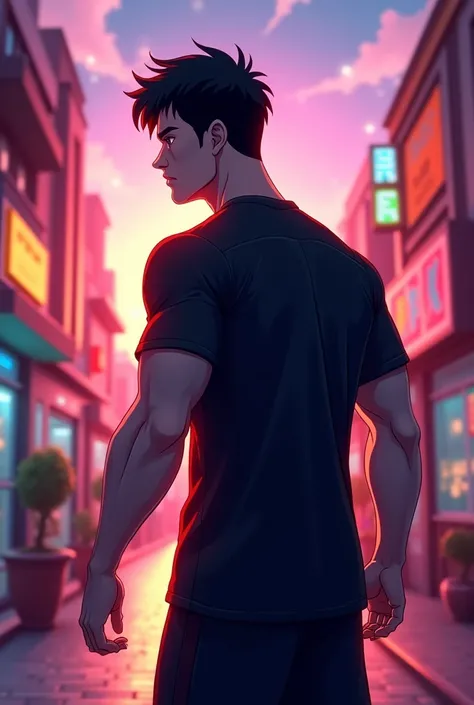 Man turned around, offwhite, Bblack hair, athletic body, black jersey.  Cartoon effect