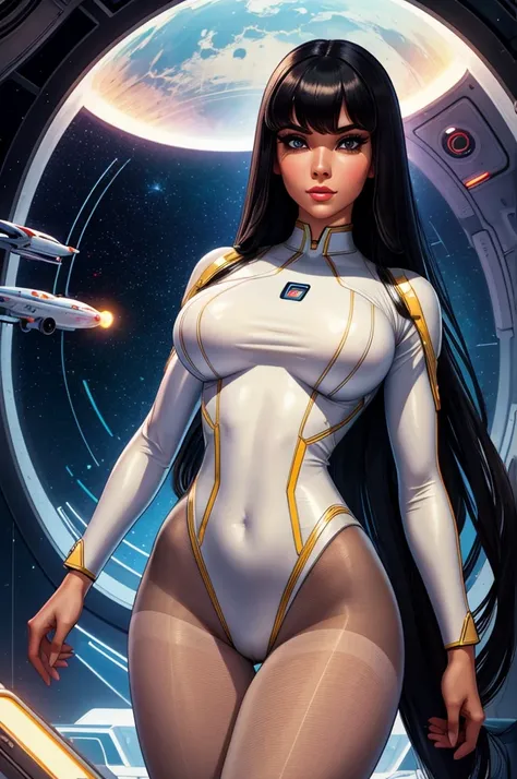 Best quality, 8K, woman space retro futurism, beautiful and detailed face, black straight long hair, bangs,big eyelashes,LOOKING TO observer,TRANSPARENT white leotard,LIGHT TAN pantyhose, sci-fi RETRO SPACESHIP scenario