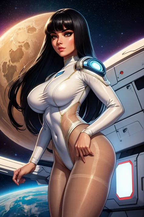 Best quality, 8K, woman space retro futurism, beautiful and detailed face, black straight long hair, bangs,big eyelashes,LOOKING TO observer,TRANSPARENT white leotard,LIGHT TAN pantyhose, sci-fi RETRO SPACESHIP scenario