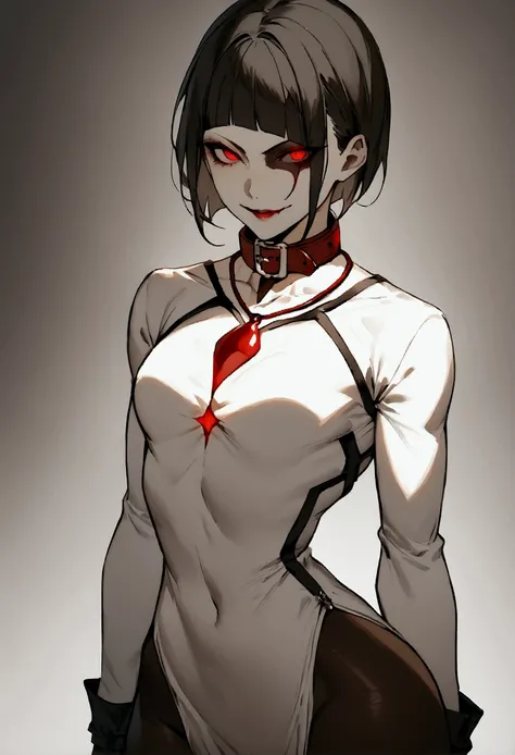 fully body,standing,alone,short hair,work of art,face detailed,young fitness linda,Wearing black pantyhose,tight white sweater with collar ,neckleace,evil smile,red eyes glowing,labiaa,eye shadow,bangs on the eyes,black gloves,
