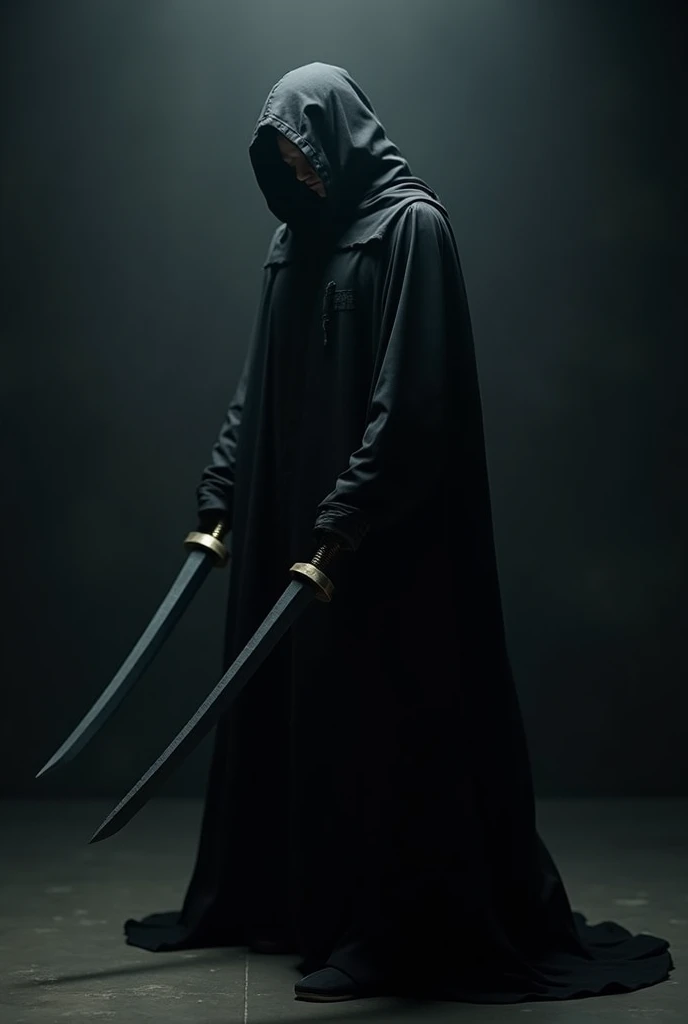 A model man in a black cloak in a dark room holding two swords in an X shape, while standing with his head down 
