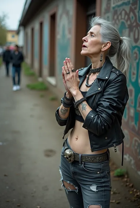 russian old milf woman, biker gang member, long grey hair (bump, quiff and ponytail) with very light blue eyes, extremely pale. Thin. Sad, humble face. Wearing cropped black moto jacket with side zippers, black cropped tank top with pentacle logo, skinny b...