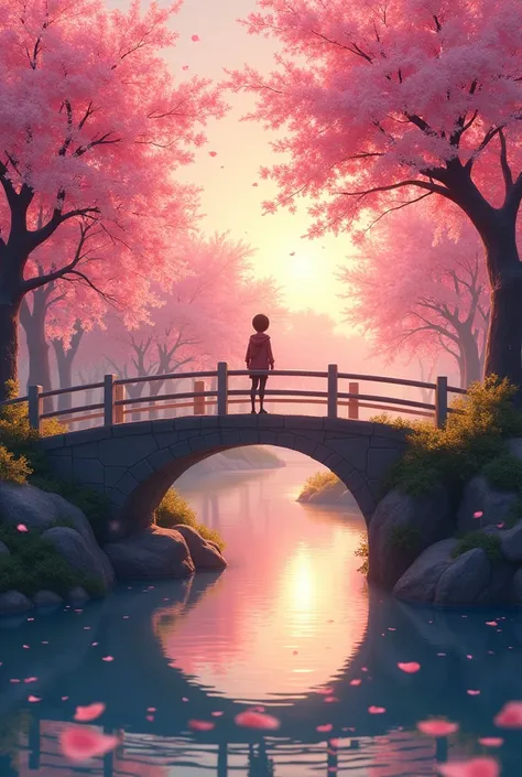  river maze, a vibrant cherry blossom grove at sunset. Soft pink petals drift through the air, while golden light filters through the trees, casting a warm glow over a peaceful river winding through the landscape. A solitary figure stands on a bridge, admi...