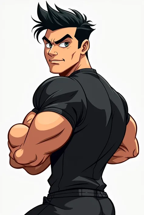 Man turned around, Caucasian skin, Bblack hair, athletic body, black jersey.  Cartoon effect