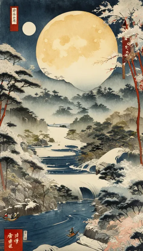 Ukiyo-e, Japanese painting, woodblock print, Watercolor, bamboo forest, A single bamboo stalk glowing golden, Huge full moon in the background, (Super detailed, The absolute solution, Highest quality:1.3), 2.5D, delicate and dynamic, artistic, Hyper, Graph...