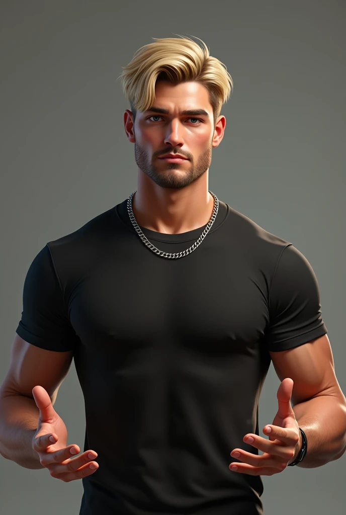 Create a realistic image of a young man, handsome and slim, with light blonde hair, short and combed to one side. The man has a serious but attractive expression, with honey-colored eyes that capture the light. He is slightly shaved, showing a slight shado...