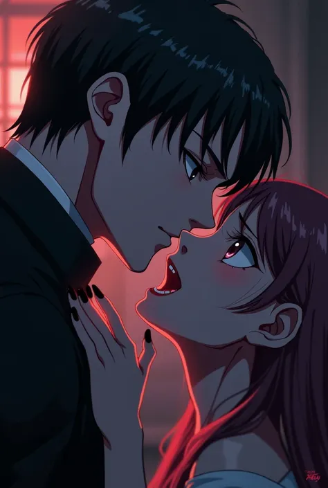 Handsome anime vampire boy is biting an anime girl&#39;s neck.