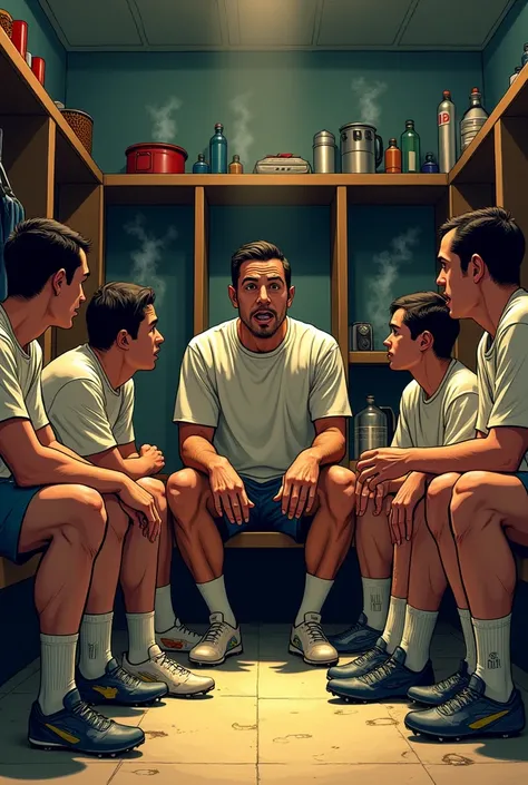 "At half time, The players are in the locker room, tired but determined. Carlos, the coach, He is giving an animated speech. The players are sitting, listening carefully as they recover. The animation highlights the contrast between fatigue and motivation,...