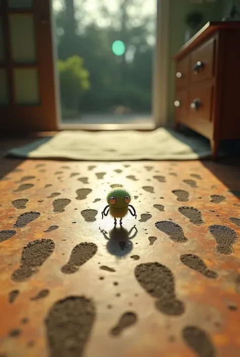 sheldon J plankton mini footprints on the floor at home, dont show plankton, only his fingerprint at home. More mini than that. Shadow fingerprint. Everywhere. SUPER MINI