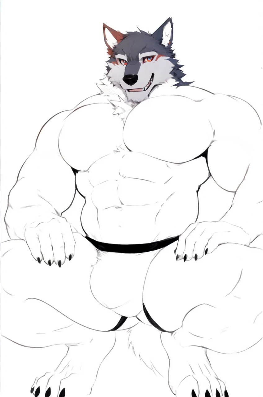 A Furry wolf drawing, smiling, bara, muscular body, white, anime style, thick eyeliner, sharp eyes, (anime) (clear lines) (clear shadows) (by Darkgem) (foxy eyes) (sharp eyes)