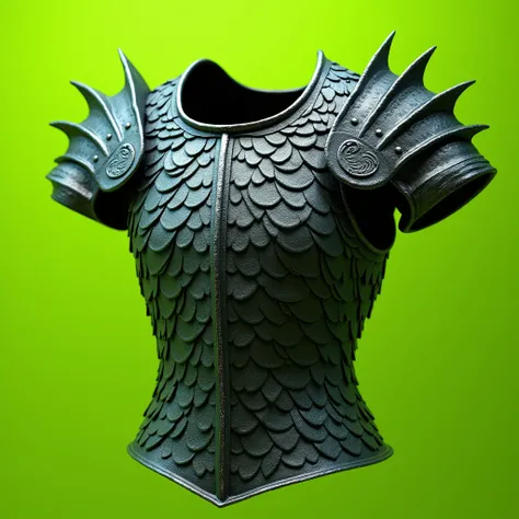 hyperrealistic, medieval, dragon scale, chest armor piece, lime green background