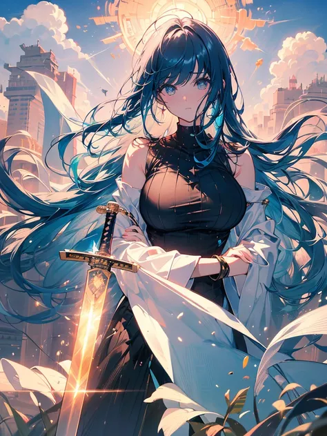 Girl with huge hair in movement, ultra-detailed eyes, beaded eyes, seriousness, hero posture, (((a sword in front of her stuck in the ground))), small round breasts, muscular thighs, big ass, leaves flying in the wind and all around, very blue sky, {extrem...