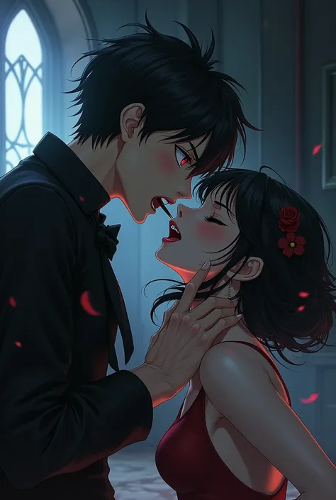 Handsome anime vampire boy is using a sharp stick to bite the neck of an anime girl.