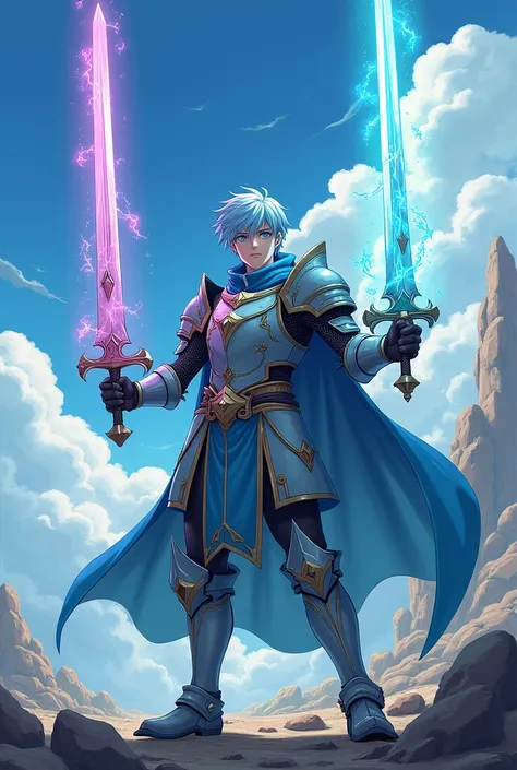 The anime character is a male human with light blue hair. He is a brave knight and has two holy swords as his weapons. The first one is the sword of light and the second one is the sword of darkness.