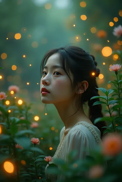 (8k, top quality, masterpiece: 1.2), (realist, photorealist: 1.37), Super detail, A girl, wide viewing angle, firefly garden, many small dim lights and fireflies flying around, evening