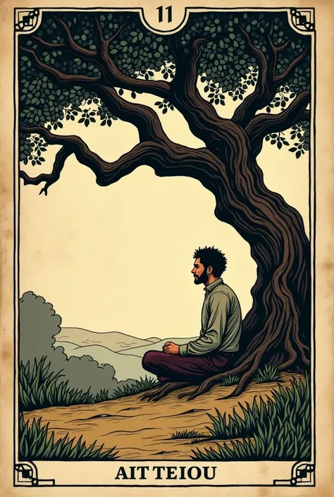 arafed image of a tarot card with a man sitting under a tree, a woodcut inspired by Saitō Kiyoshi, flickr, folk art, old-fashioned tarot card, rider-waite tarot, rider waite card, tarot card, as a tarot card, tarot card enviroment, tarot card style, major ...