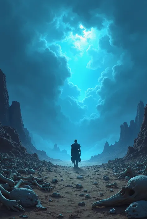 A fantasy landscape painting of a desert with scattered bones covering the entire ground, with a man standing in the middle. Wrap the sky with overcast clouds a seeming storm and a vibrant blue sky, creating a sensation of a directed flash of light making ...