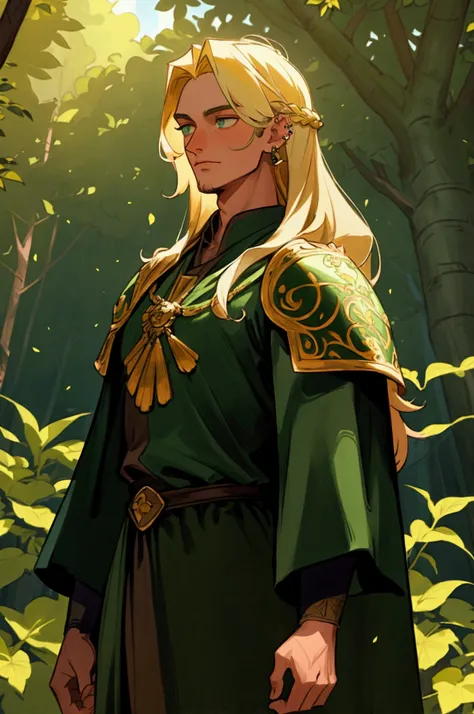 A handsome prince, beautiful detailed face, piercing eyes, lush long hair, standing near a towering tree, in a luminous fantasy forest, golden sunlight filtering through the leaves, vibrant green foliage, flowing cloak, medieval attire, ornate armor, regal...