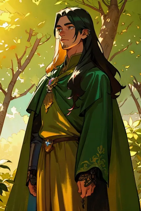 A handsome prince, beautiful detailed face, piercing eyes, lush long hair, standing near a towering tree, in a luminous fantasy forest, golden sunlight filtering through the leaves, vibrant green foliage, flowing cloak, medieval attire, ornate armor, regal...