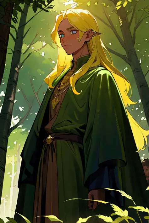 A handsome prince, beautiful detailed face, piercing eyes, lush long hair, standing near a towering tree, in a luminous fantasy forest, golden sunlight filtering through the leaves, vibrant green foliage, flowing cloak, medieval attire, ornate armor, regal...