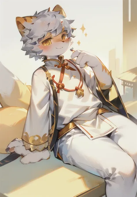 Cat Boy，Q version，Lovely，Covered in furry，Big furry tail，Orange-white fur，Silver Hair，Sparkling golden eyes，Hanfu，Chinese-style palace，blush，Smile，