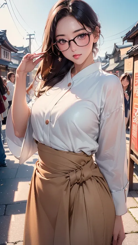 One Girl(High resolution, masterpiece, accurate, Anatomically correct), ((Landscape、Wearing glasses、A happy look、Slightly red cheeks))(((A pose with the waist bent forward:1.30、looking at the camera)))、(Light Hair、Brown eyes、Straight hair)、((Colorful kimon...