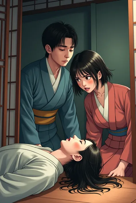 A Japanese cultured dress husband and wife panic and staring at a unconscious man
