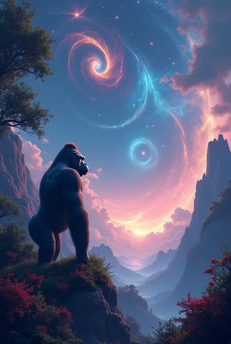 make an image with a background of galaxies and plants with a gorilla in the corner