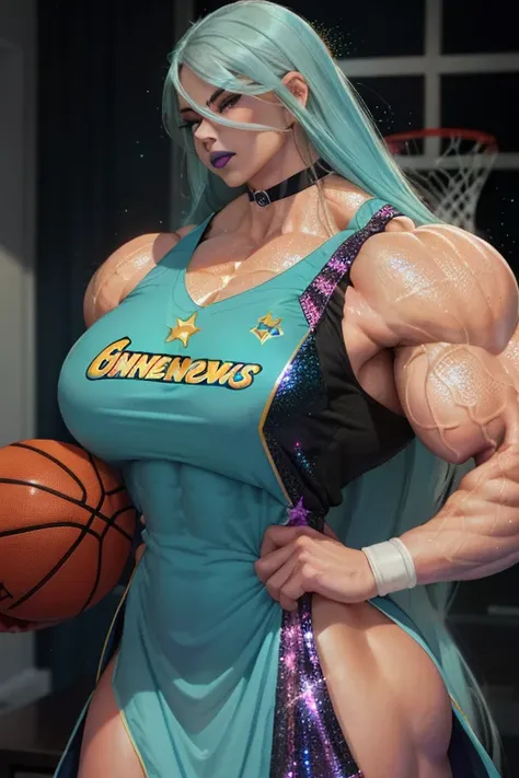 ((Close-up)), tall, (cyan hair) beautiful muscular woman, long beachy hair, pale white skinned, (closed smile), large breast, (black lipstick), (massive muscles), (hyper muscle), ((ginormous bulky muscles)), purple eyes, (((sparkly cyan basketball jersey d...