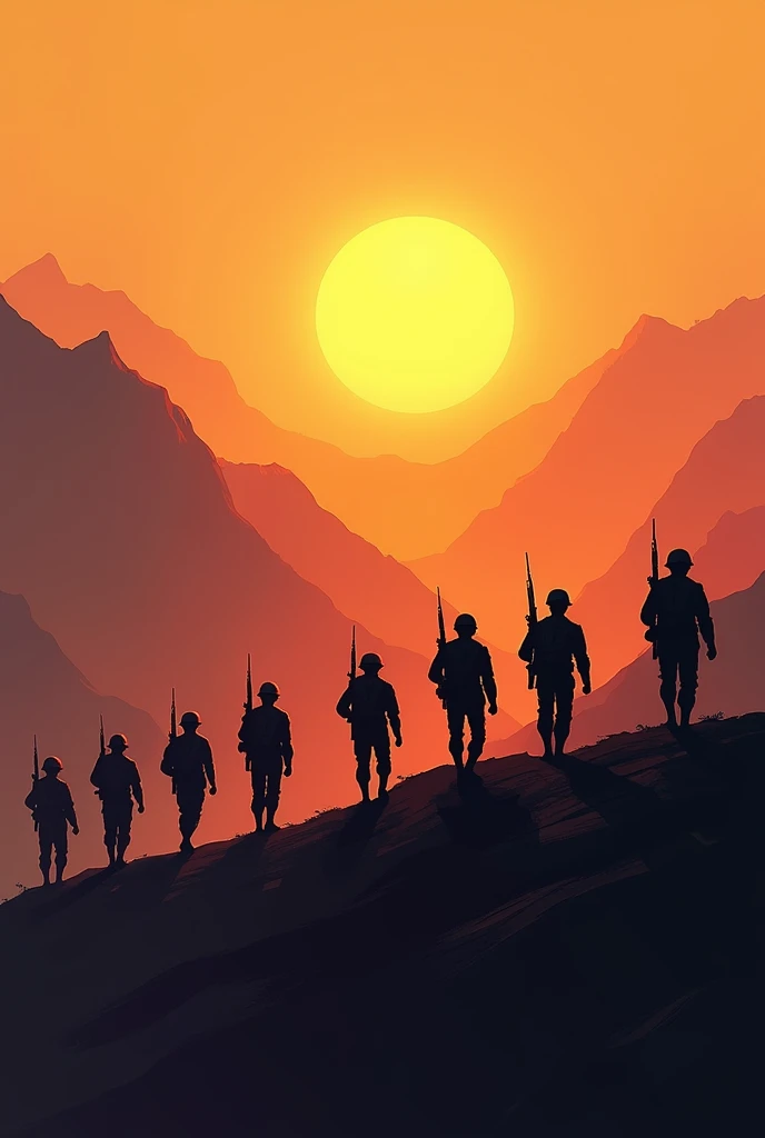 9 soldiers walking on guard on a mountain behind the sun in a sunrise with painting style with warm colors

