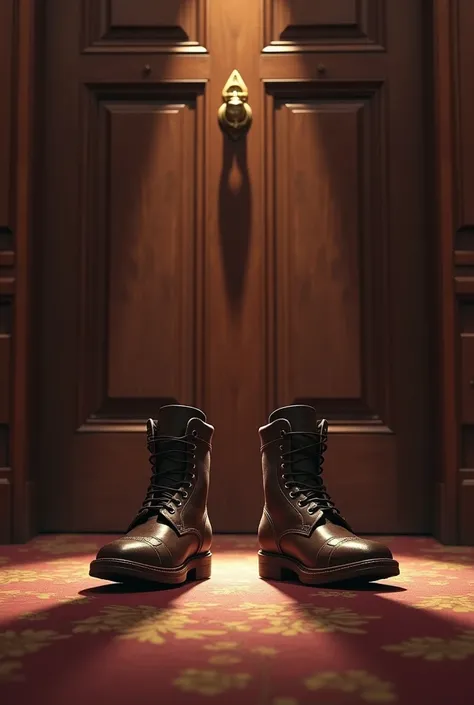 The back of an employee&#39;s shoes standing before opening the door in front of the president&#39;s office and entering
