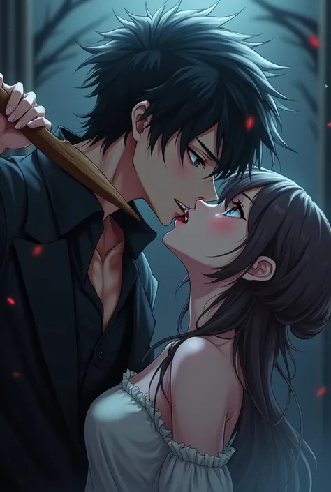 Handsome anime vampire boy is using a sharp stick to bite the neck of an anime girl.