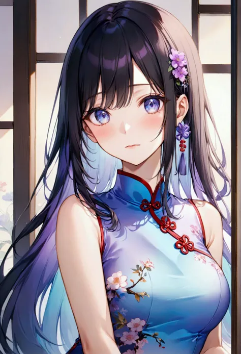 Adult anime girl in with long straight black hair with  purple and blue gradient highlights,purple and blue gradient eyes,cheongsam,8k, best quality, professional photo