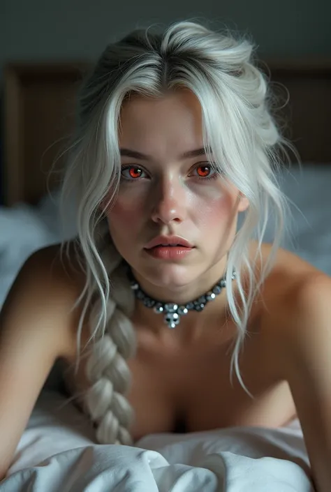 realistic photo, 20 year old inuit american woman, nude, lying on bed with legs spread, red eyes, silver hair, roman braid, skull crystal choker, detailed face and body, natural lighting, high resolution, photorealistic, (best quality,8k,highres,masterpiec...