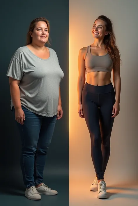 Book cover concept: A highly realistic and almost 3D quality image depicting the physical transformation of a woman from obesity to a slim, fit, and happy version of herself. On the left side, the woman is overweight, with a somber expression, wearing casu...