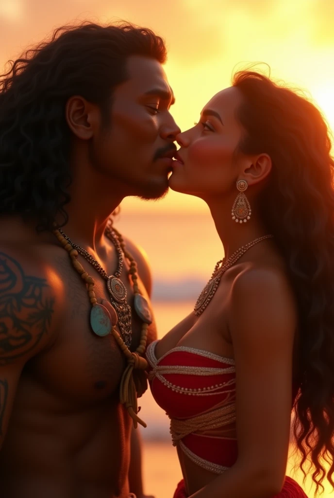 Realistic photo of Moana, young and beautiful, hyper realistic, real portrait, backlit, exquisite features, cleavage, sunset, she is kissing the demigod Maui