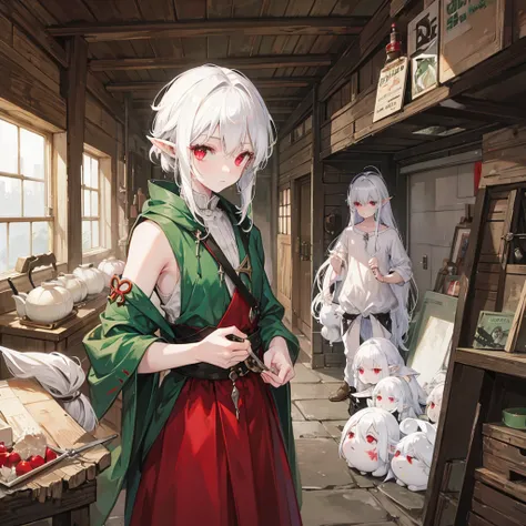 1 , White hair, elfo,pointy ears, sad red eyes,ripped green clothes,blacksmith shop scene