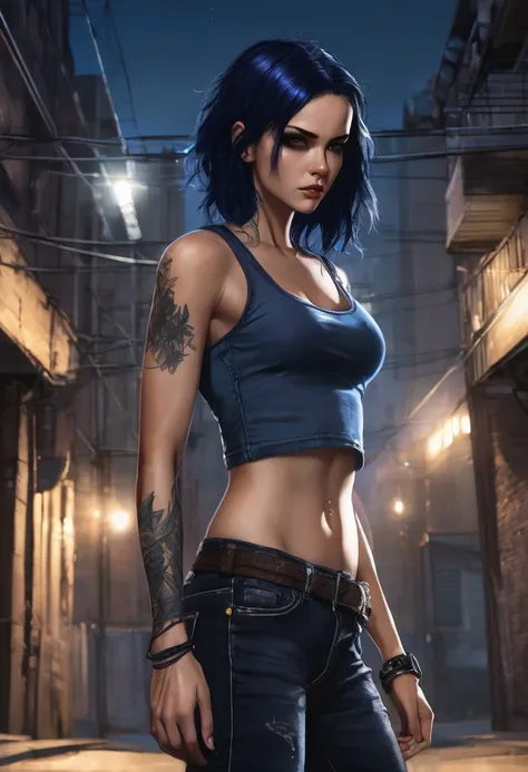 (good quality), (many details), (masterpiece), A close-up of a person in jeans and a tank top, dark blue hair (shoulder length), fierce, athletic, serious melancholic face, small breasts, black band on upper arms, strong, in an alley at night, realistic, t...