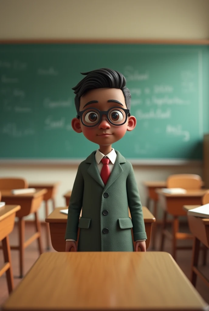 School classroom with a short male teacher, small head, by the short school cut, with glasses and dark skin showing