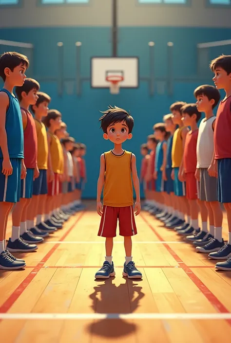 illustration, Skinny 8 year old boy, standing, in line with other 10-year-old children, with sports clothes, on a court