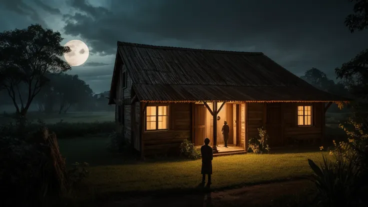 a rustic house in the remote countryside of brazil, bathed in the fading light of dusk. the sky is a deep, ominous orange, trans...