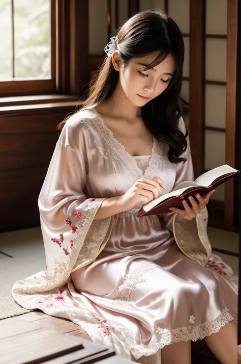 In an elegant home、Wearing an embroidered silk nightgown、A Japanese woman quietly enjoying reading。