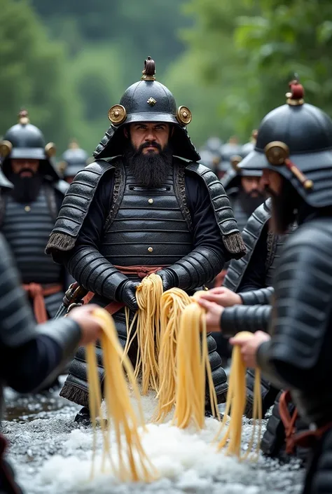 Highest quality, Ultra-high resolution, 8k, RAW Photos ,Japanese Samurai、group、((Enjoy Nagashi Somen))、Expressionless、Torrent、warrior、armor、pocket、knife、beard、