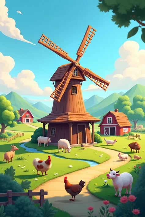 An image of a farm with its animals and a windmill for a logo