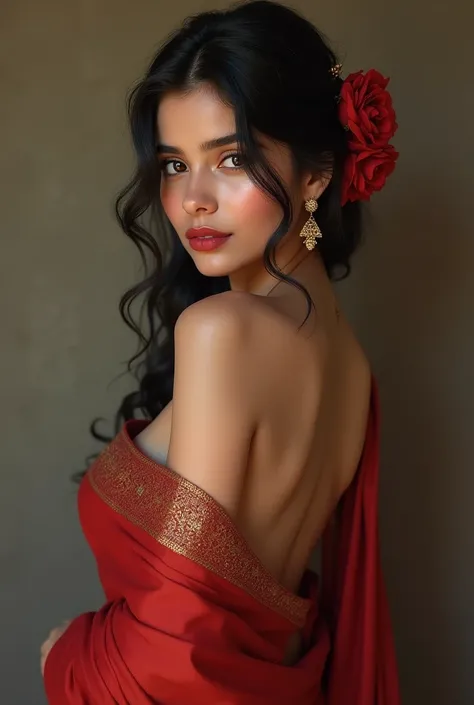 (photorealism:1.2), Very Very Much Beautiful and gorgeous young Indian woman with curvy plain body showing her plain back no blouse wearing saree wearing rose over her head and perfect lips and perfect pretty face seductive till waist real looking potrait