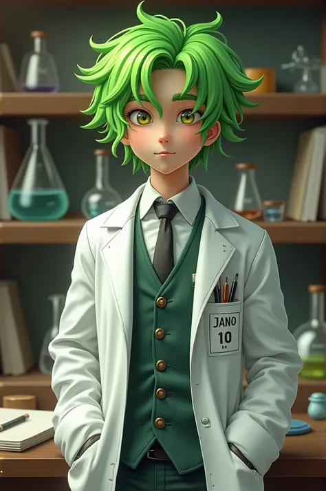 Make a high school student with hair that looks like a leek dressed like a scientist clodeau