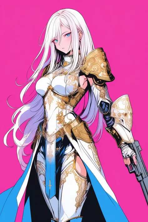 Illustrator, anime , Realistic ,sketch , 1 person, model, Age 25, lip, Sexy and revealing white and gold priest armor dress（Holy Gun）, order, Blue and pink gradient background, Neon Medium Hair, Big Breasts, Her cleavage is visible, look back, Upper Body, ...