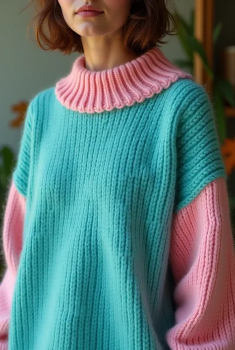 Turquoise sweater with pink collar and sleeves