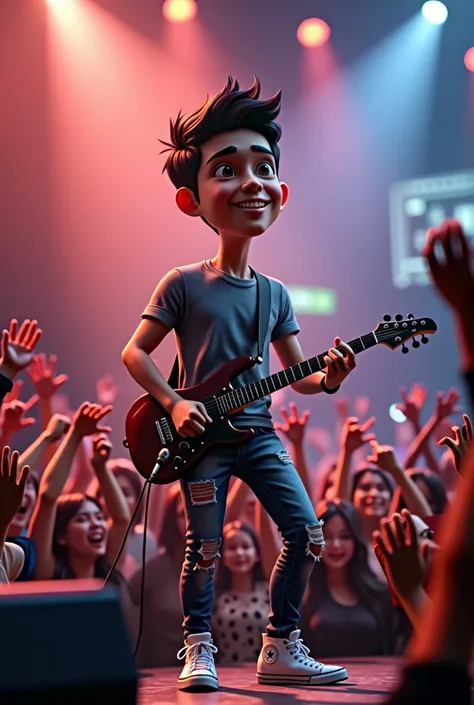 Hyper realistic 3D caricature image, Indonesian youth aged 25 years old, wearing a gray t-shirt, ripped jeans at the knees, Converse shoes, on stage while playing a melody with a guitar, complete sound system, the audience is prancing and raising their han...