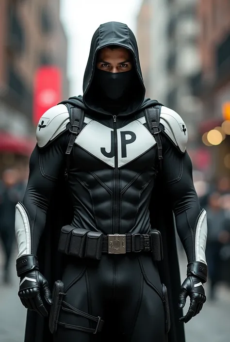 create a superhero with a uniform that mixes soldier and ninja and the uniform has a jp on the chest of the uniform and the color is black and white of the uniform  with military and ninja style uniform and to put on the face a mask on the mouth and one on...